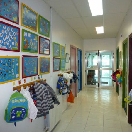 Entrada de escuela infantil con mochilas